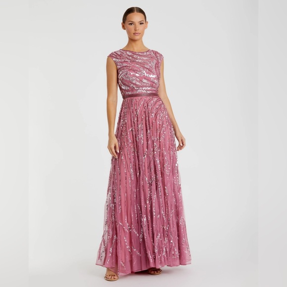 NWT $598 MAC DUGGAL Pink Cap Sleeve Embellished Evening Gown DRESS 5445
